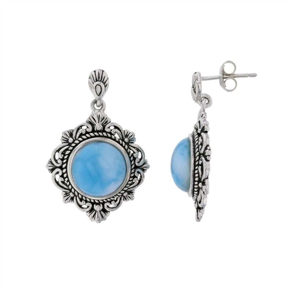 925 Sterling Silver Larimar Round Shape on Vintage Frame Earrings Post Back